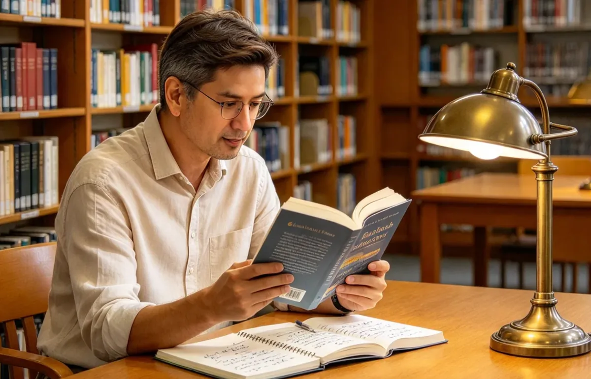 Un homme lit un livre en anglais et prend des notes dans un carnet, à une table de bibliothèque