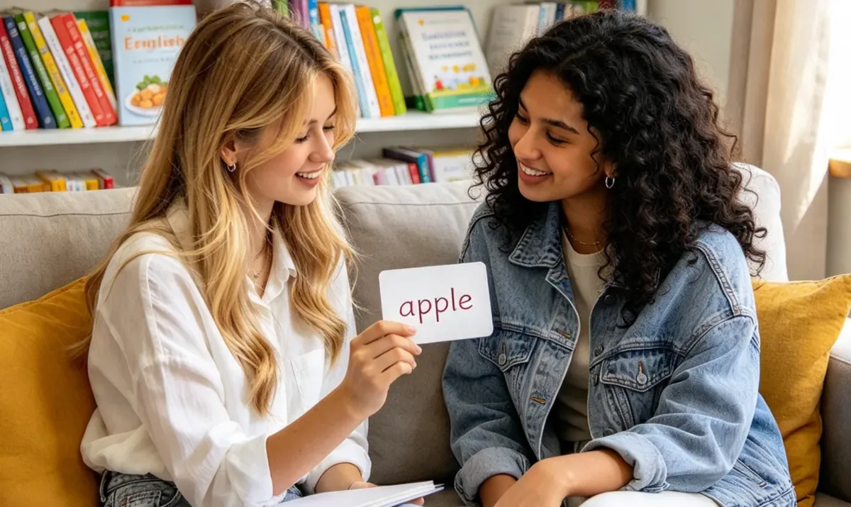 Deux participantes s’entraînent au vocabulaire avec une carte portant le mot « apple »