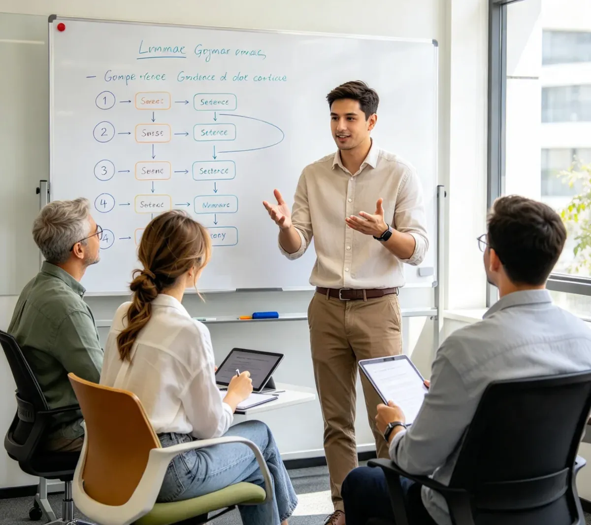 Un formateur explique la grammaire au tableau devant trois participants équipés de tablettes